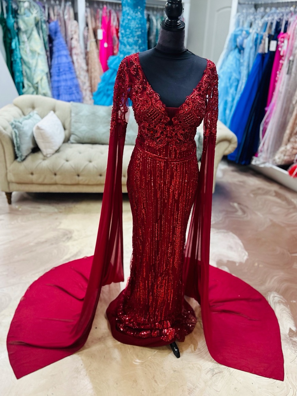 Portia and Scarlett Red Beaded Sequin Evening Gown with Sheer Cape Sleeves
